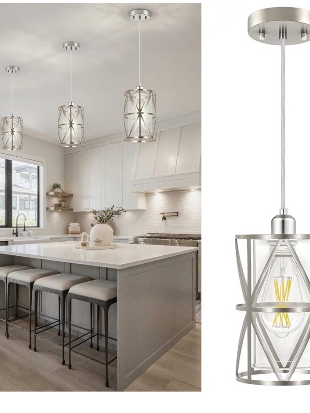 Modern Silver Pendant Light for Kitchen Island - Sleek Metal Cage Design